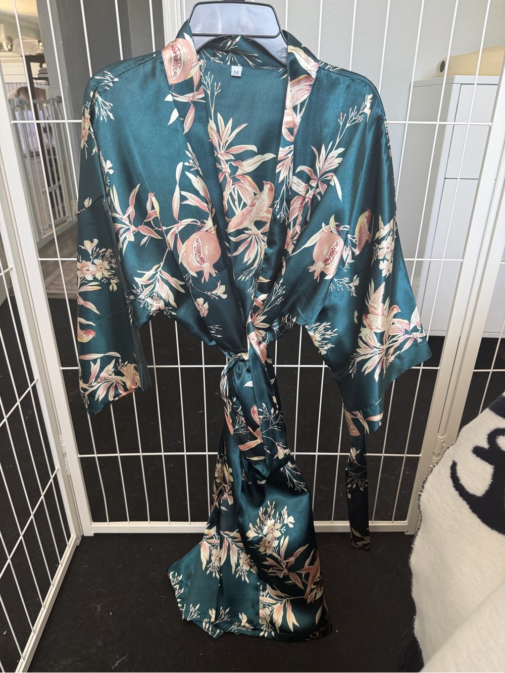 Teal Floral Satin Kimono Rob